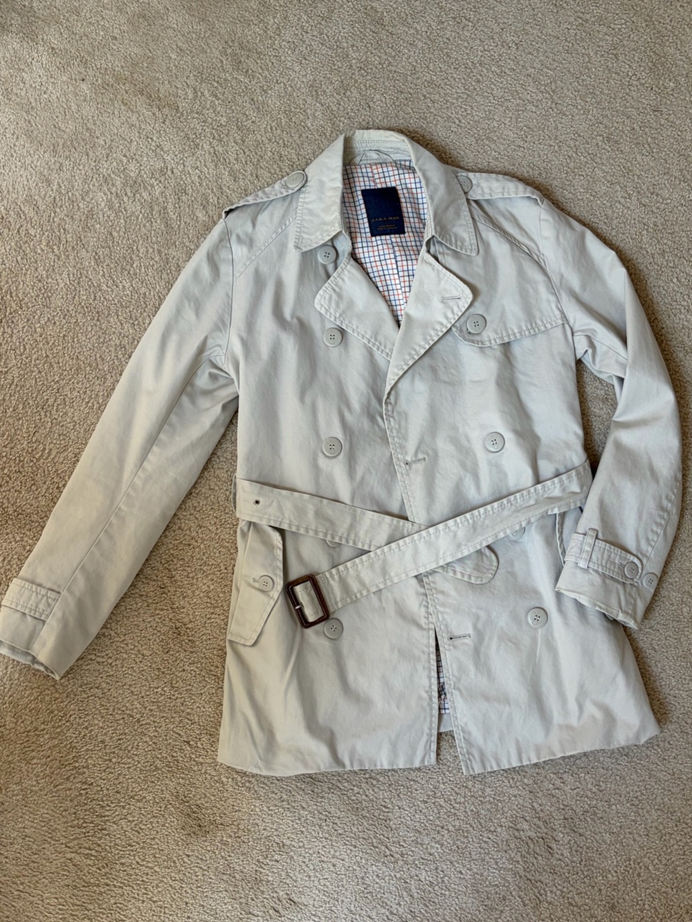 Vintage Zara Man Double-Breasted Trench Coat Beige Belted Jacket